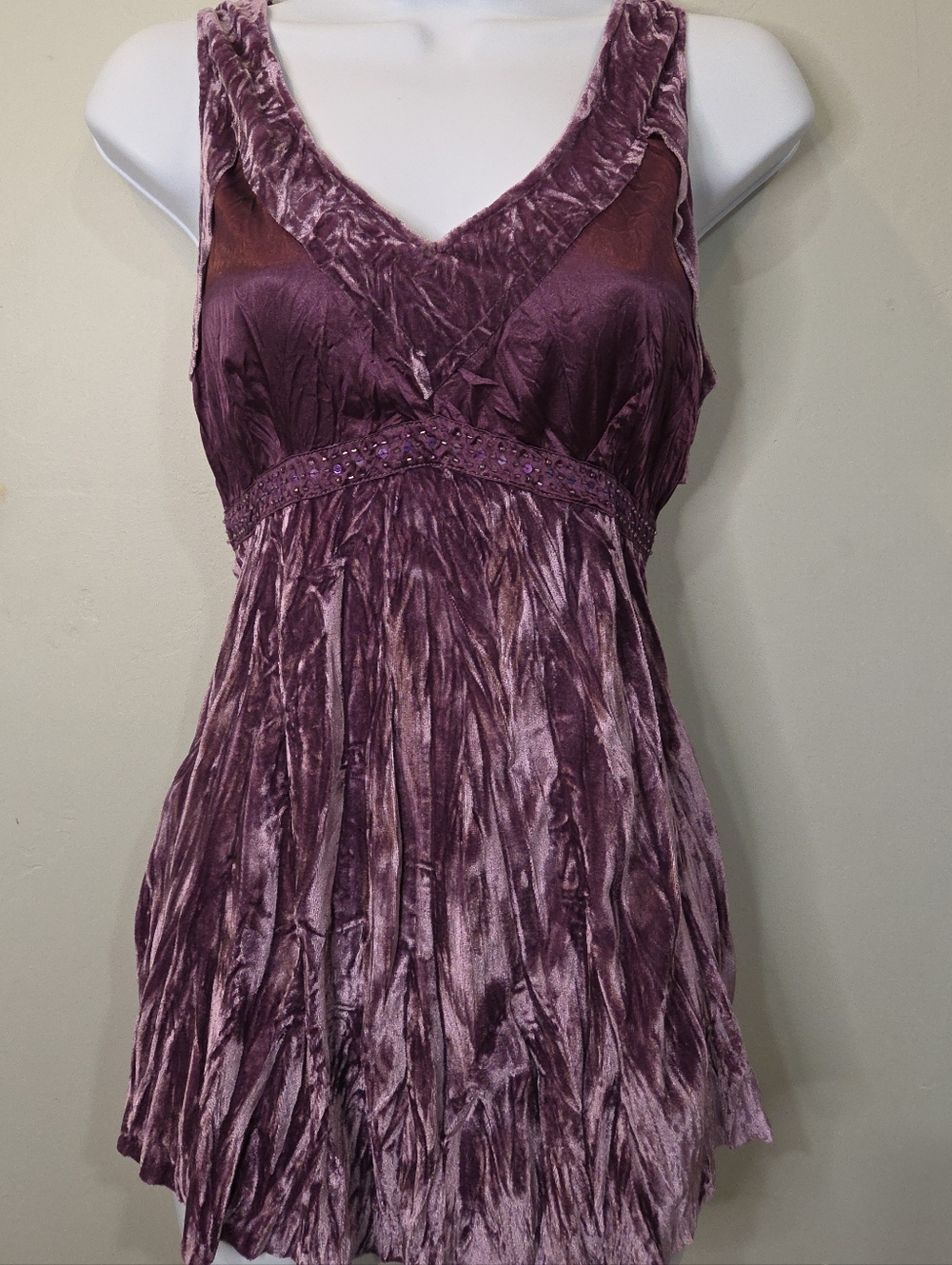 Hazel Babydoll Purple Crushed Velvet & Satin Tank Top Beaded Bust Tie Bow y2k 90